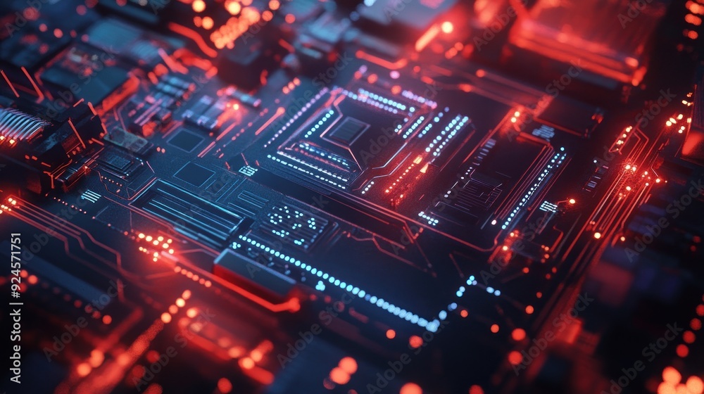 Close-up of a Motherboard with Red and Blue Lights Close-up of a Motherboard with Red and Blue Lights