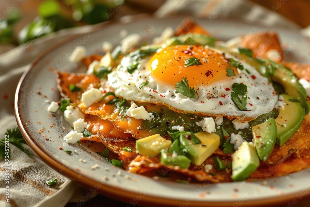 A delicious plate of nachos topped with a fried egg, avocado, and fresh herbs. A delicious plate of nachos topped with a fried egg, avocado, and fresh herbs.