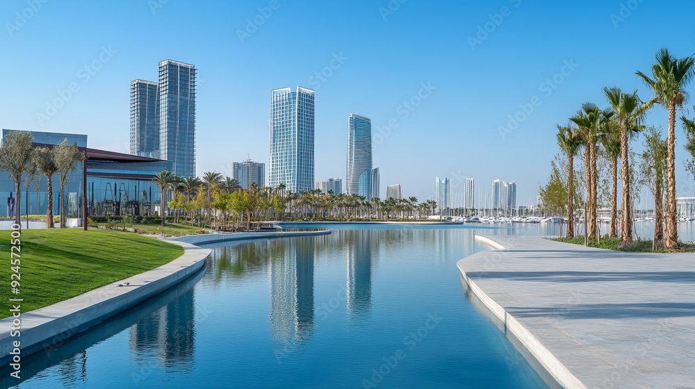 Obraz premium View of the Katara buildings from Lusail Marina Park with Crescent Tower in sight