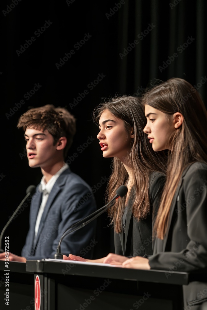 High school students participating in a debate. They are standing at podiums and speaking passionately High school students participating in a debate. They are standing at podiums and speaking passionately