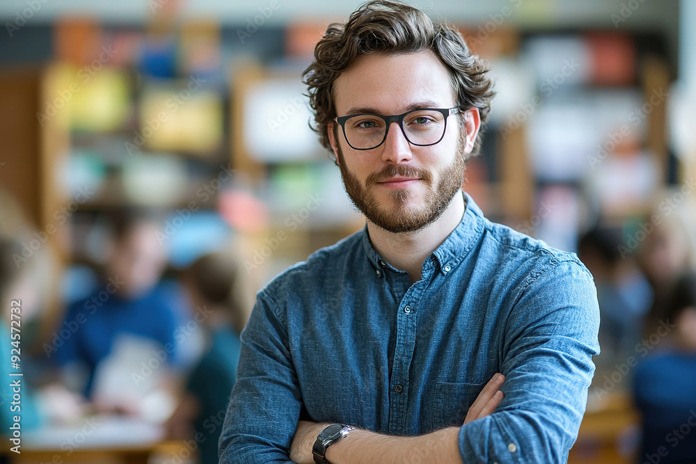 a photo portrait of a beautiful young male american school teacher standing in the classroom a photo portrait of a beautiful young male american school teacher standing in the classroom