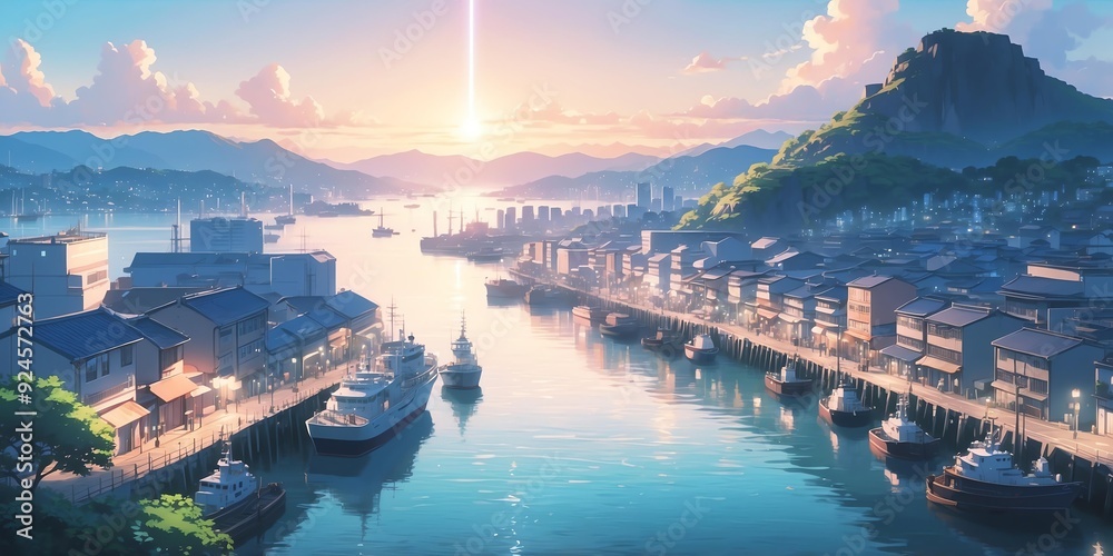 Fototapeta premium Soft pastel anime style of breathtaking panoramic view of a harbor background