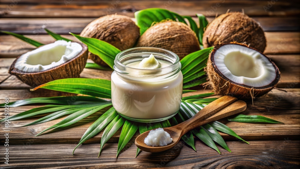 Aromatic jar of creamy coconut butter with a spoon on a rustic wooden table surrounded by fresh tropical coconuts and greenery. Aromatic jar of creamy coconut butter with a spoon on a rustic wooden table surrounded by fresh tropical coconuts and greenery.