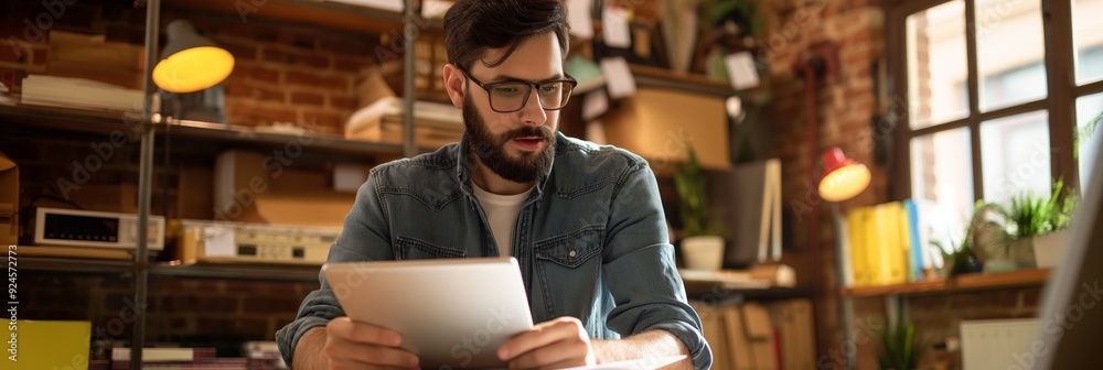 An individual with glasses focuses on using a tablet seated in a modern workspace with exposed brick walls, shelves, and adequate lighting. An individual with glasses focuses on using a tablet seated in a modern workspace with exposed brick walls, shelves, and adequate lighting.
