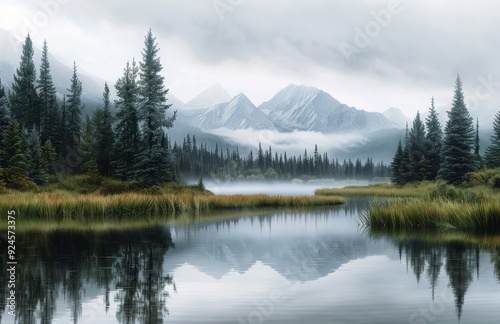 Serene Lake Reflection Surrounded By Pine Trees And Misty Mountains At Dawn