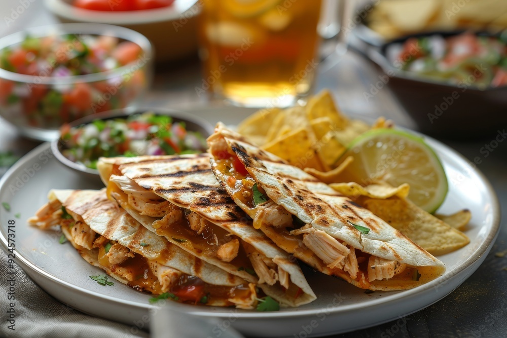 A delicious plate of quesadillas served with chips and salsa, perfect for a meal or snack. A delicious plate of quesadillas served with chips and salsa, perfect for a meal or snack.