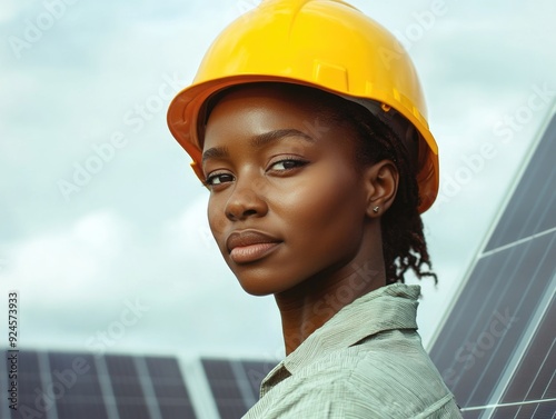 Professional Construction Worker Smiling with Solar Panels