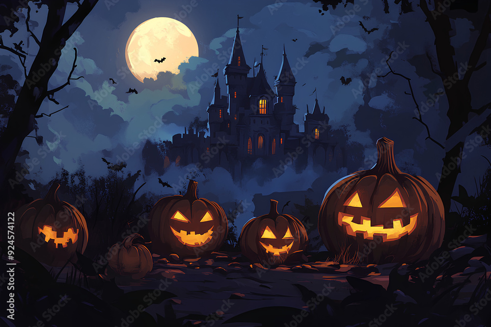 Fototapeta premium Spooky halloween illustration, pumpkins castle, dark, cartoon style, 3d Rendering. generative AI