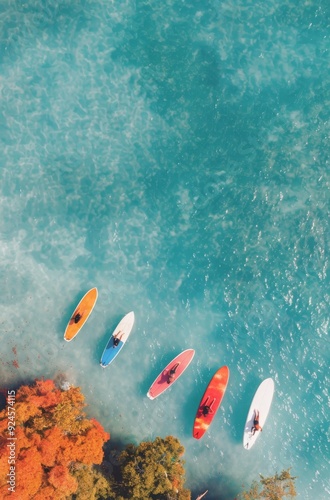 Colorful Surfboards Lined Up on Clear Ocean Water at Sunny Beach