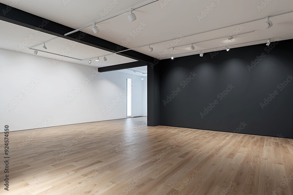 Modern Empty Gallery Interior with Mock-Up Space on Dark Wall and Wooden Flooring Modern Empty Gallery Interior with Mock-Up Space on Dark Wall and Wooden Flooring