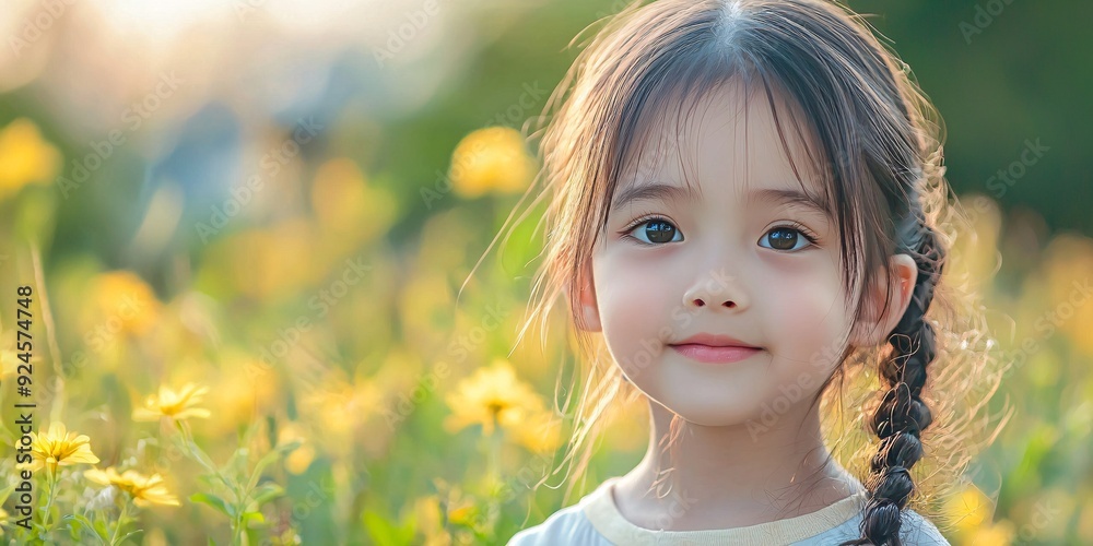 Fototapeta premium Adorable young girl in a playground, captured in a gentle blur with ample space for text.