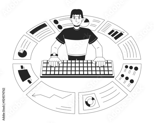 Data analytics business reports black and white 2D illustration concept. Computer analyst typing keyboard outline character isolated. Key performance indicators metaphor monochrome vector art