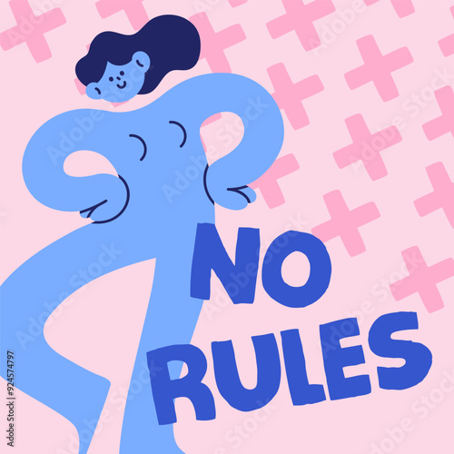 Funny post card design with cute girl in modern abstract style. Postcard, square background, comic doodle female character and No Rules phrase, playful message. Creative flat vector illlustration