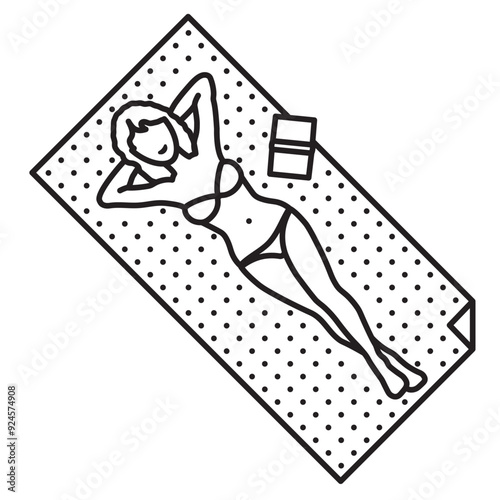 Beautiful young woman wearing bikini on beach towel isolated vector line icon for Bikini Day on July 5. Beachwear and relaxation outline symbol.