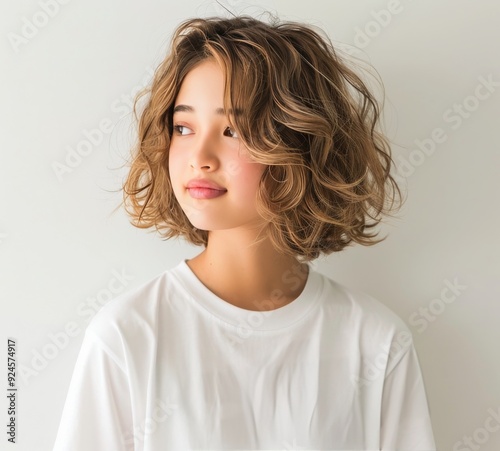 Young Woman With Wavy Hair Wearing White T-Shirt Poses Against a Plain Backgr...