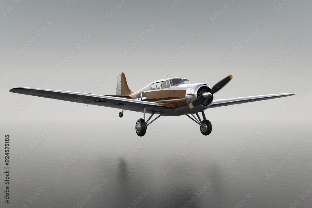 Fototapeta premium Classic Propeller Plane Flying Above a Minimal Background in Historical Aviation Theme 3D Rendering