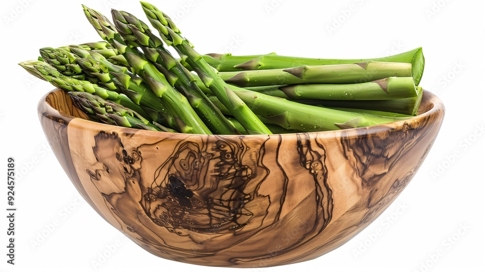 Crisp asparagus in wooden container on blank backdrop. Crisp asparagus in wooden container on blank backdrop.