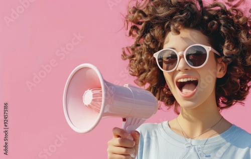 Young Woman Holding Pink Megaphone Against Pink Background With Colorful Conf...