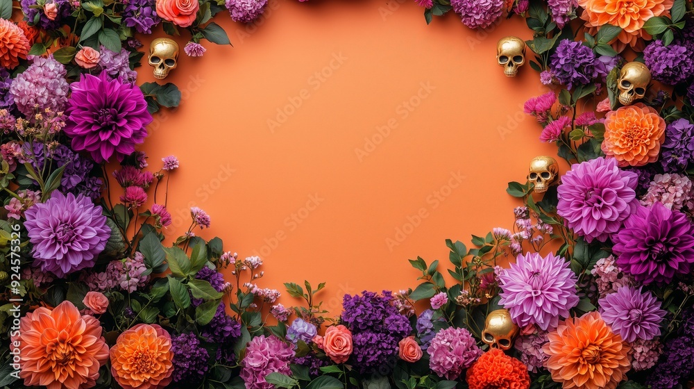 big golden baroque empty frame with lots of purple and gold dahlia flowers, gold skulls in the corners surrounding an empty picture frame big golden baroque empty frame with lots of purple and gold dahlia flowers, gold skulls in the corners surrounding an empty picture frame