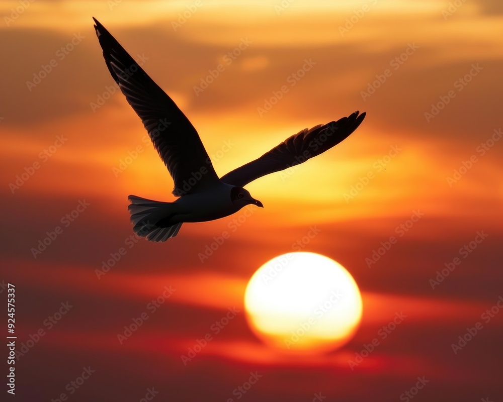 Fototapeta premium Bird flying in sunset silhouette