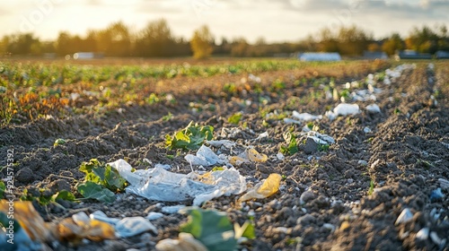 Microplastic pollution in soil, with microplastics contaminating the ground and plastic waste present in an agricultural field. Environmental and groundwater concerns related to plastic waste photo