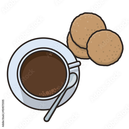 Cup of coffee and sugar cookies isolated vector illustration for Sugar Cookie Day on July 9. Hot drink accompanied by pastry symbol.
