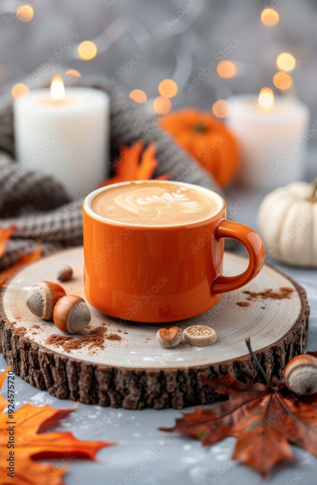 Cozy Autumn Scene With Orange Mug, Candles, and Pumpkins in Soft Lighting