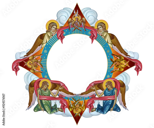 Bright religious dome- frame with apostles and angels in sky. Illustration in Byzantine style isolated photo