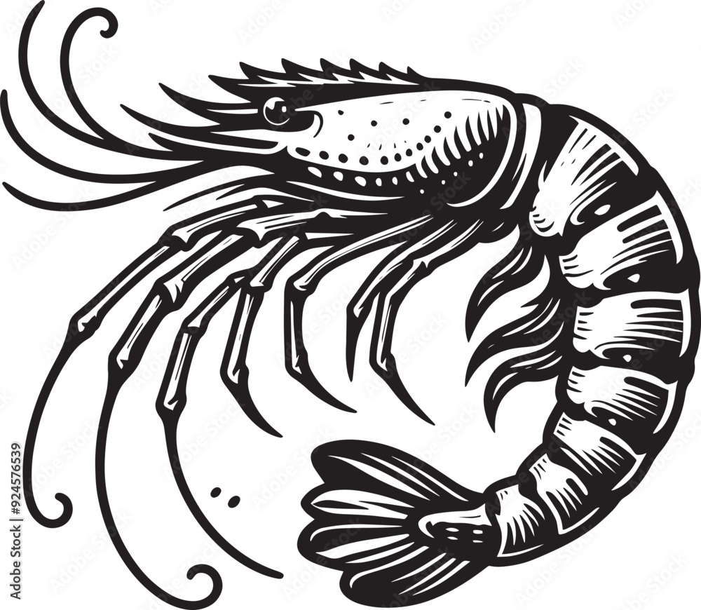 Shrimp Silhouette isolated on white background Minimalist crayfish vector shape