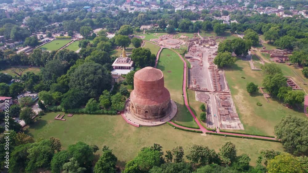 aerial view of Sarnath temple Varanasi with tall spires, surrounded by greenery and gardens, viewed from above. India