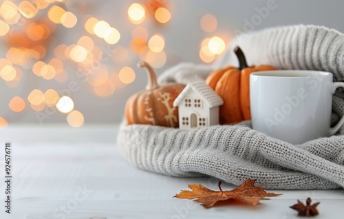 Cozy Autumn Still Life With Pumpkins, a House Model, and a Mug Surrounded by ...