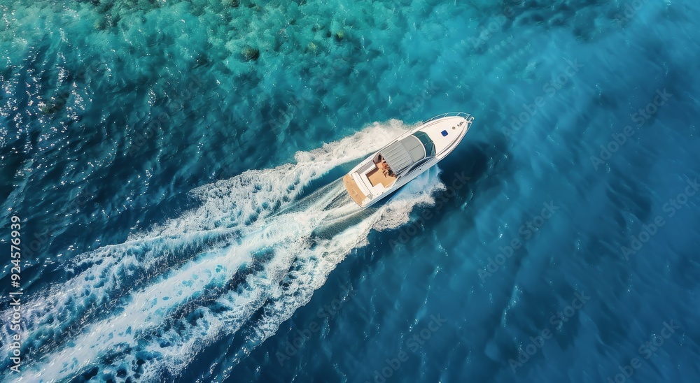 Naklejka premium Luxury Yacht Cruising Through Crystal Clear Waters in a Tropical Paradise