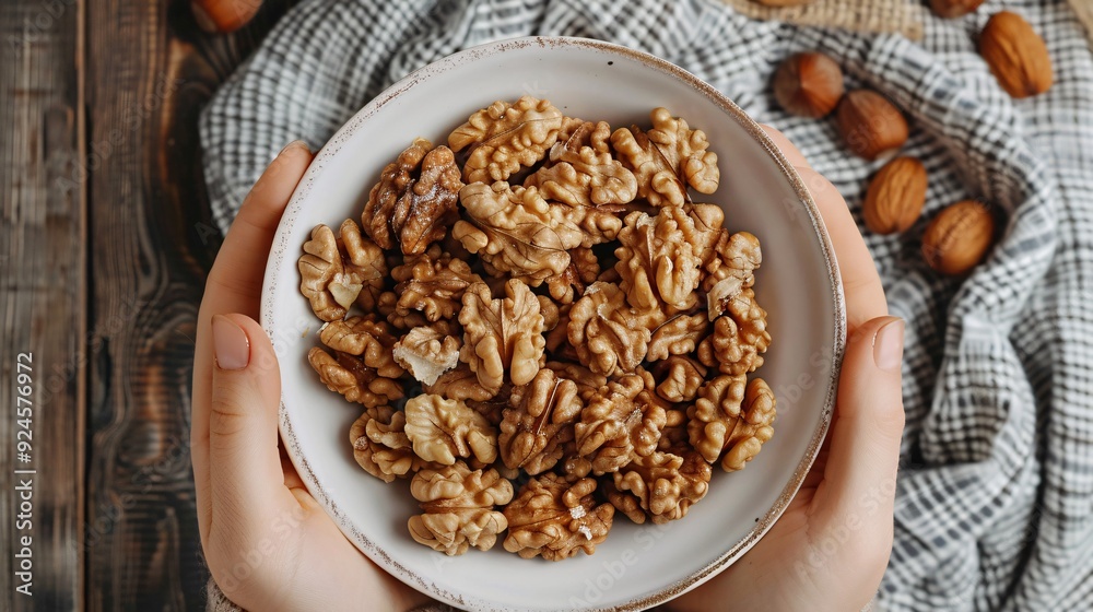 Bowl of unshelled walnuts held by woman's hands on wooden background, promoting healthy consumption of nutritious cracked nuts. Bowl of unshelled walnuts held by woman's hands on wooden background, promoting healthy consumption of nutritious cracked nuts.