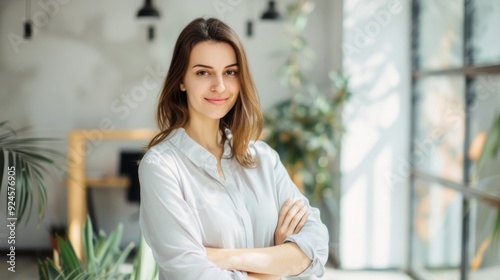 Confident businesswoman with crossed arms smiling in modern office, facing camera, embodying success in professional attire with sleek hairstyle.