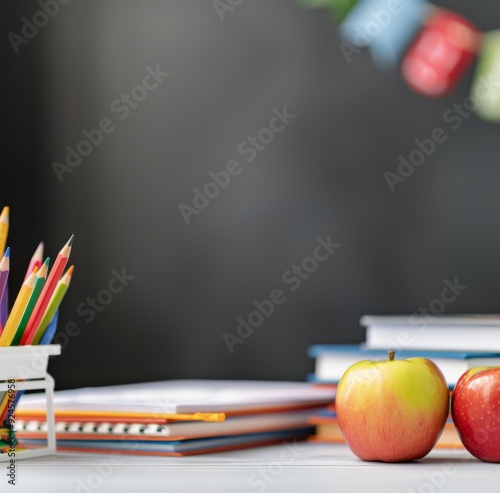 Books and Supplies on a Desk With an Apple in a Classroom Setting
