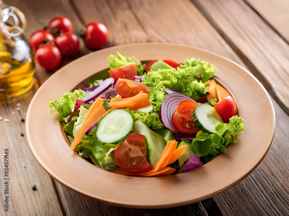 Healthy salad with fresh vegetables on a wooden table Healthy salad with fresh vegetables on a wooden table