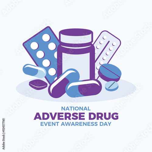 National Adverse Drug Event Awareness Day poster vector illustration. Pill bottle, drugs, blister pack, medications icon set vector. Template for background, banner, card. March 24 each year
