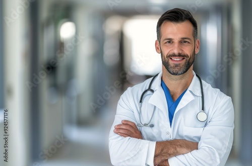 Smiling Doctor in White Coat Standing in Hospital Corridor
