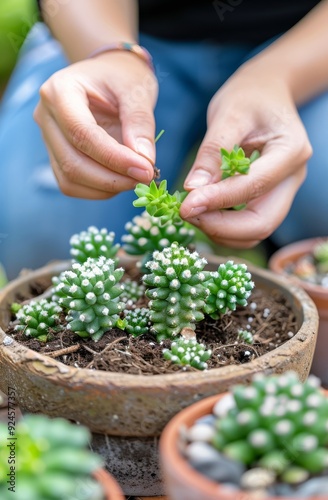 Planting Succulents in Terra Cotta Pots at a Home Garden During Late Afternoon