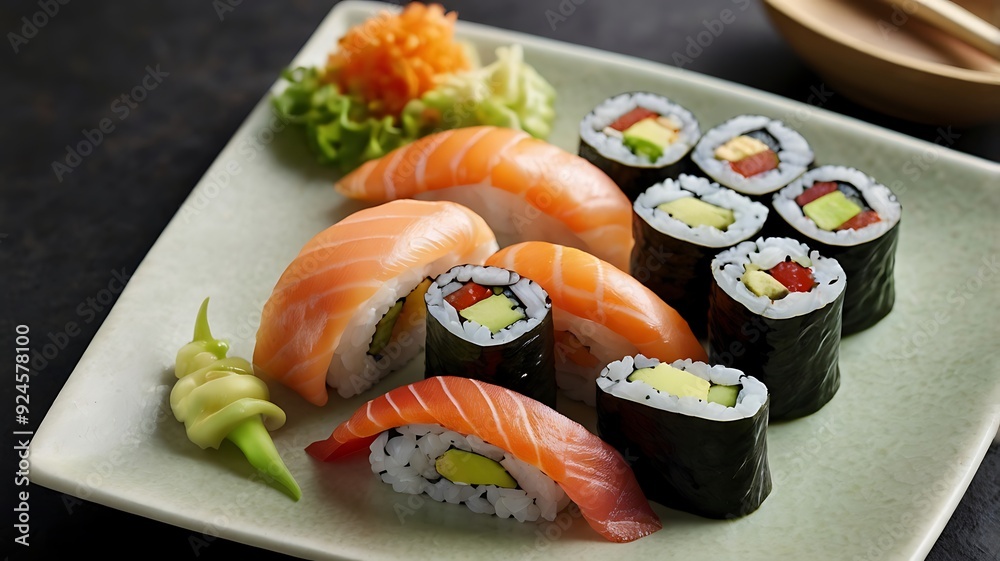 Delicious Sushi rolls served with garnishes, ready for a fine dining experience Delicious Sushi rolls served with garnishes, ready for a fine dining experience