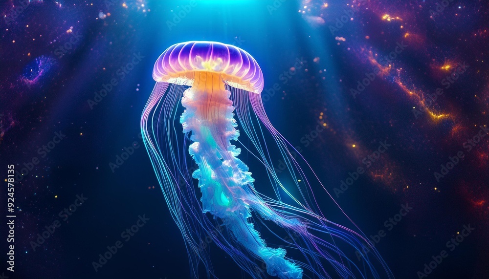 Naklejka premium Glowing jellyfish swim deep in blue sea. Medusa neon jellyfish fantasy in space cosmos among stars,jellyfish, sea, fish, water, ocean