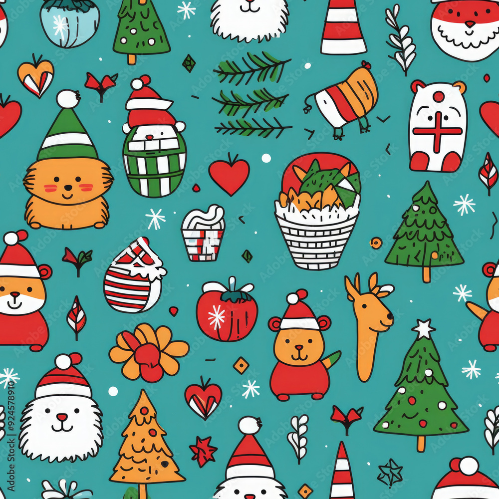 Fototapeta premium seamless, Festive Christmas Pattern with Cute Animals, Trees, and Holiday Decorations on a Teal Background