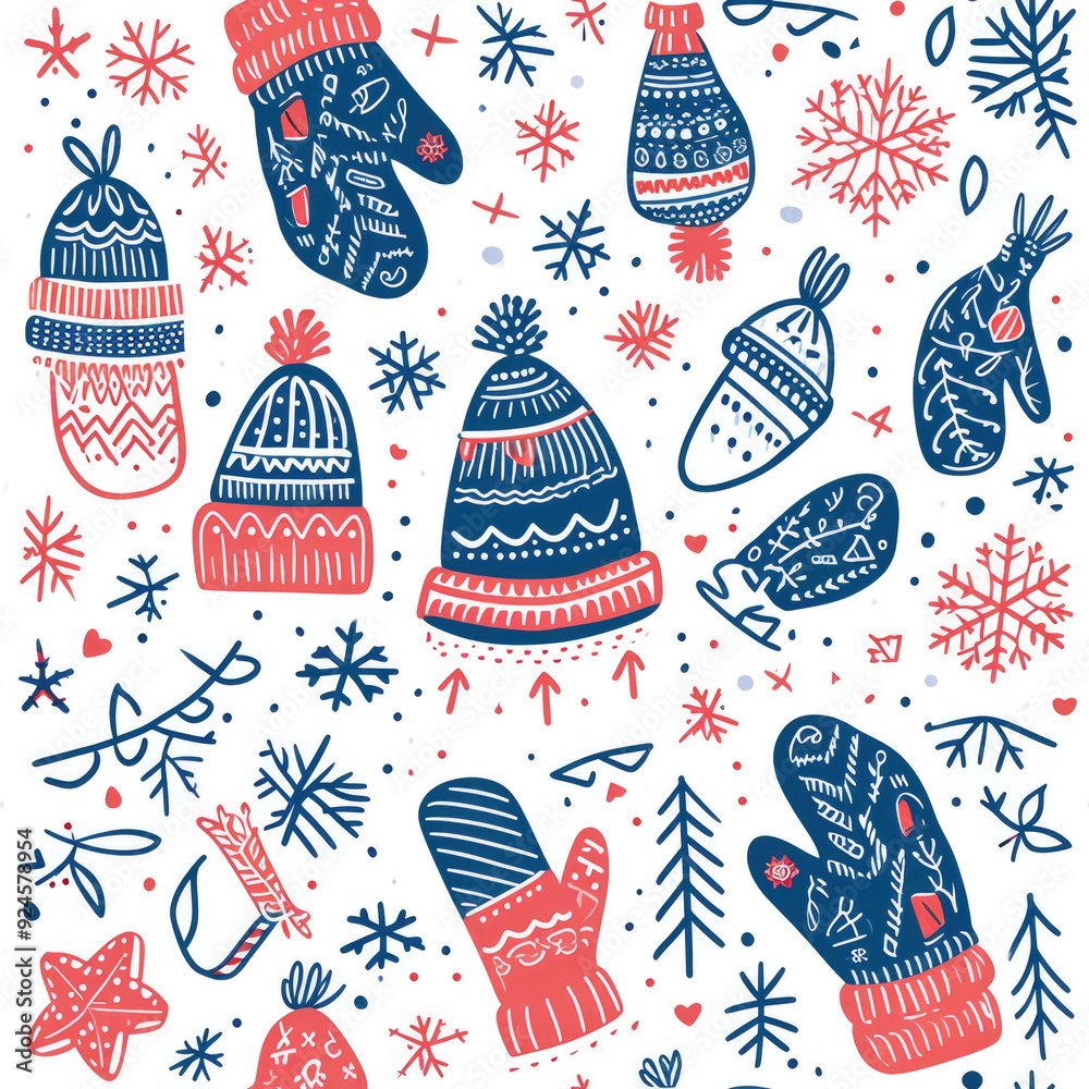 seamless, Winter Themed Pattern with Mittens, Hats, and Snowflakes in Red and Blue on White Background seamless, Winter Themed Pattern with Mittens, Hats, and Snowflakes in Red and Blue on White Background
