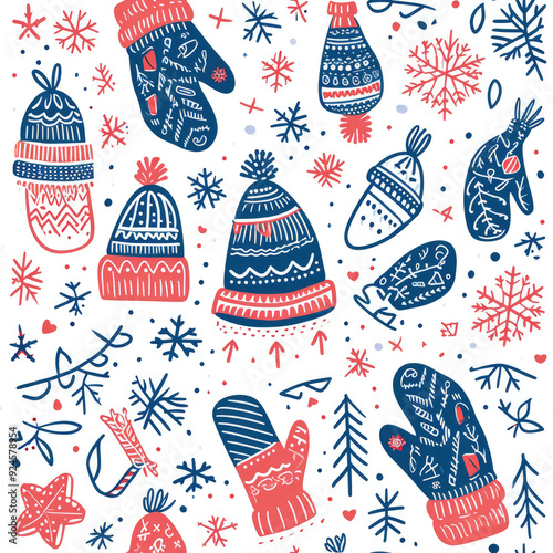 seamless, Winter Themed Pattern with Mittens, Hats, and Snowflakes in Red and Blue on White Background photo