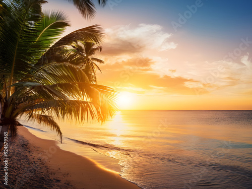 Sunset over a calm beach with palm trees