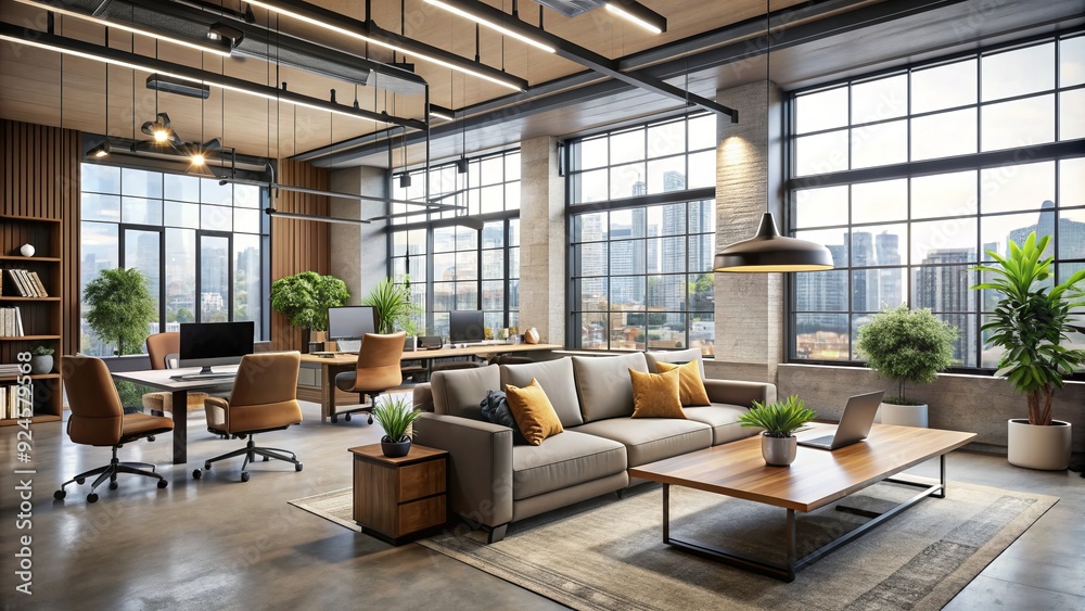 Contemporary office interior with sleek workstations, minimalist desks, and a plush sofa, surrounded by floor-to-ceiling windows and accentuated with tasteful industrial decor. Contemporary office interior with sleek workstations, minimalist desks, and a plush sofa, surrounded by floor-to-ceiling windows and accentuated with tasteful industrial decor.