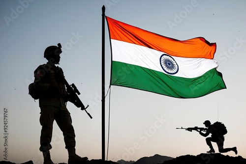 Kargil Vijay Diwas Celebration Featuring Indian Soldier Silhouette with Tricolor Flag photo