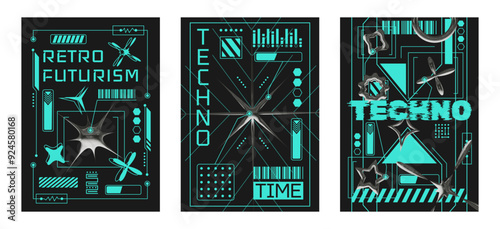 Set of cyberpunk posters with 3D element with chrome effect in y2k style. Vector template of banner, post, cover