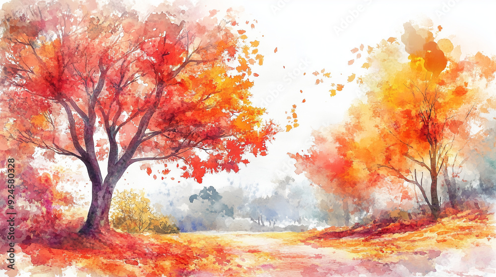 Fototapeta premium 深まる秋の色彩美 - 鮮やかな紅葉が広がる幻想的な風景イラスト