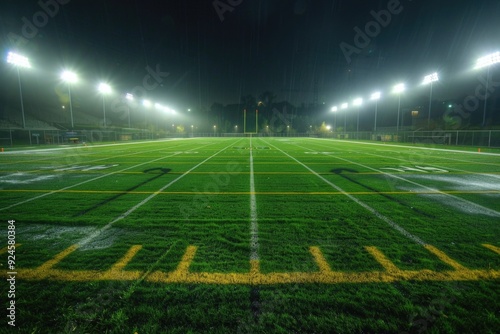 A football field illuminated by night lights, perfect for sports or event concepts